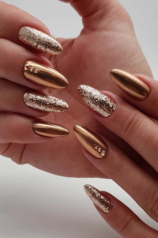 Gold Glitter and Chrome Nails