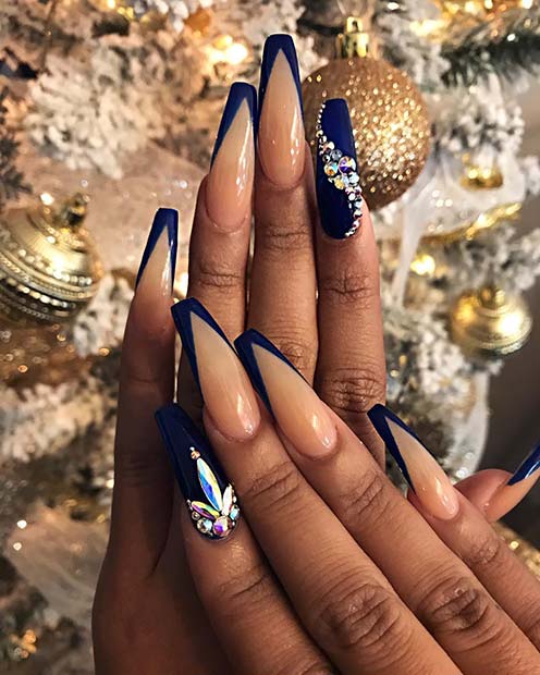 Matte Coffin Nails with Blue Tips and Crystals