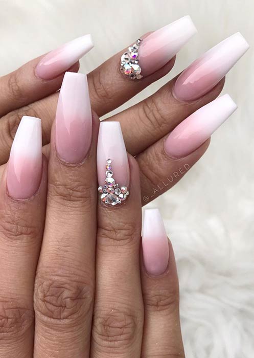 Pink and White Ombre Nails with Rhinestones