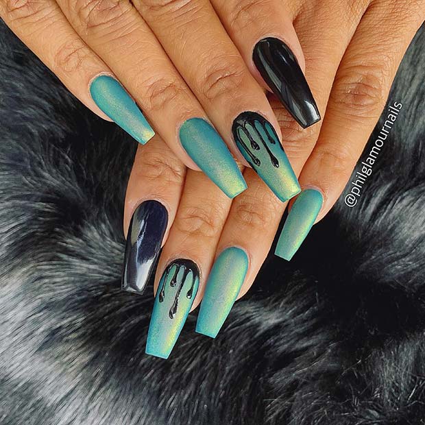 Trendy Blue Drip Coffin Nails