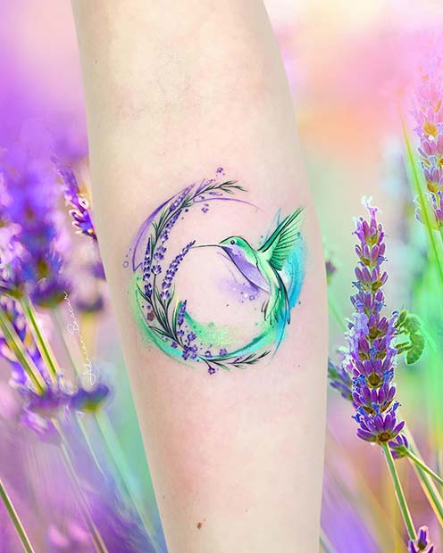 Watercolor Flower and Hummingbird Tattoo 