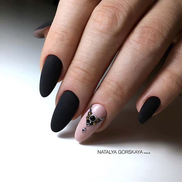 Black Matte Nails with a Sparkly Nude Accent Nail