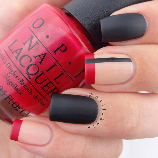 Black Matte Nails with Trendy Accent Designs
