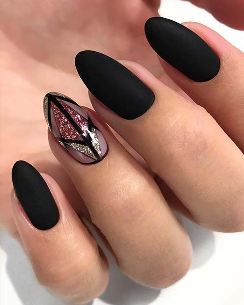 Black Nails with Gorgeous Glitter Accent Nail