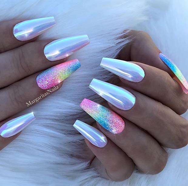 Chrome Nails with Sparkly Rainbow Accent Design