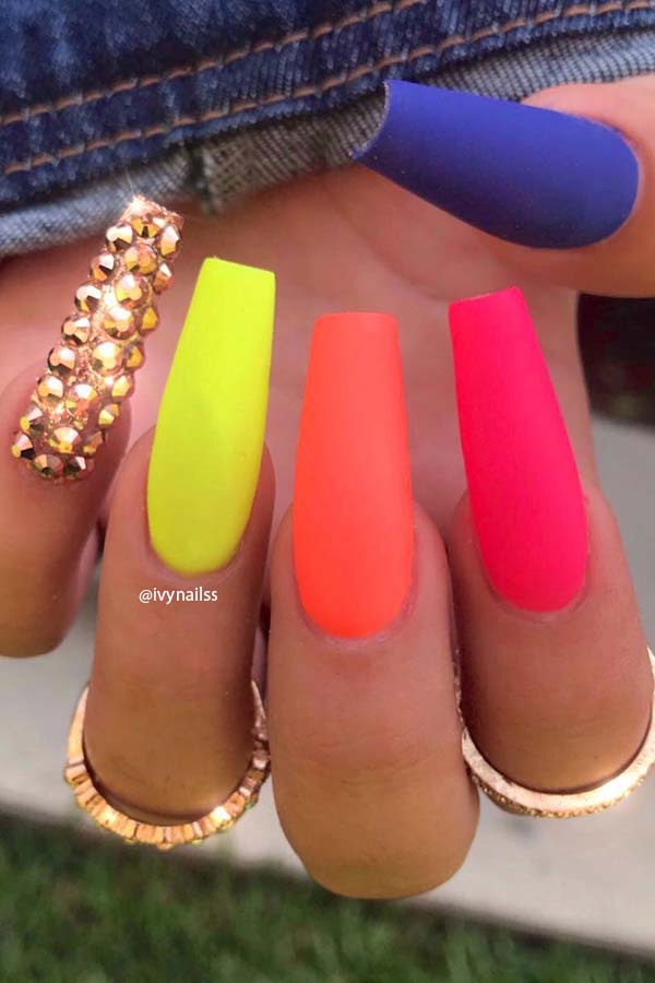 Matte Vibrant Nails with Glam Gold Gems