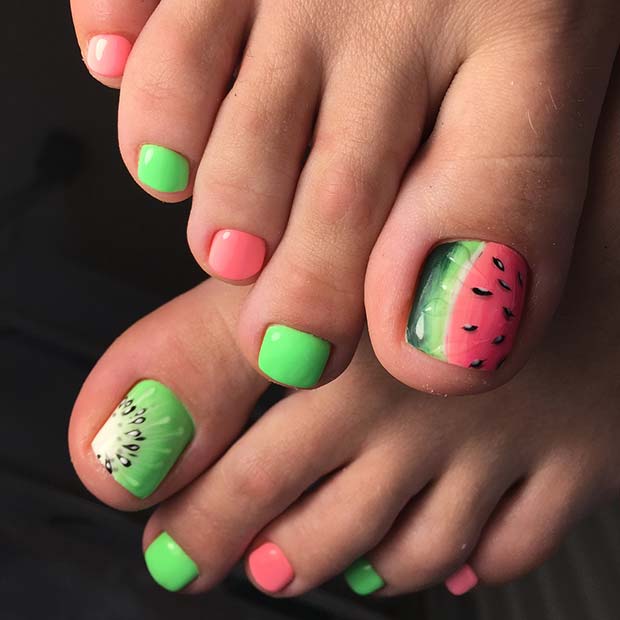 Cute Kiwi and Watermelon Toe Nails