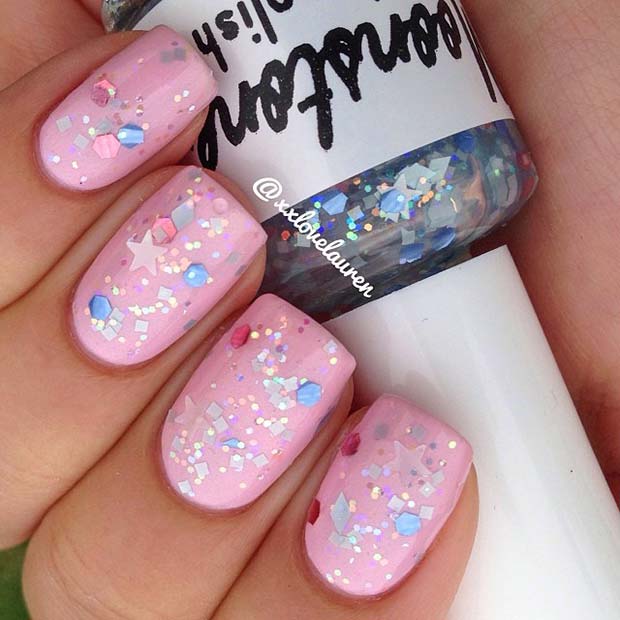 Cute Pink Nails with Sparkles and Stars