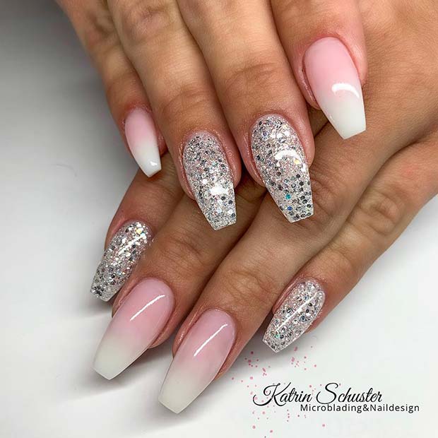 French Ombre and Silver Glitter Nails