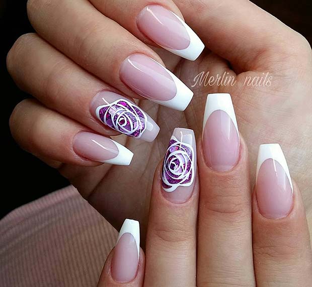 French Tips with Flower Accent Nail