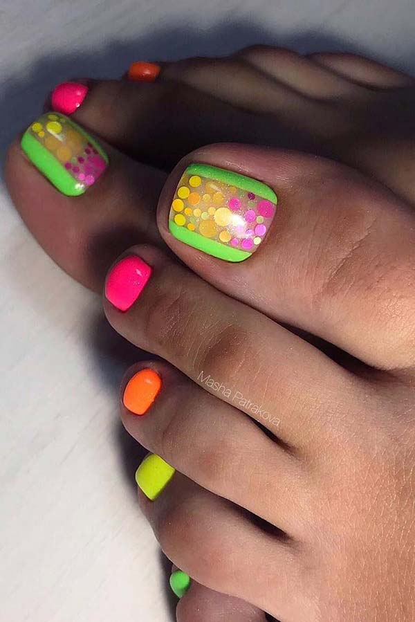 Colorful, Neon Toe Nail Design 