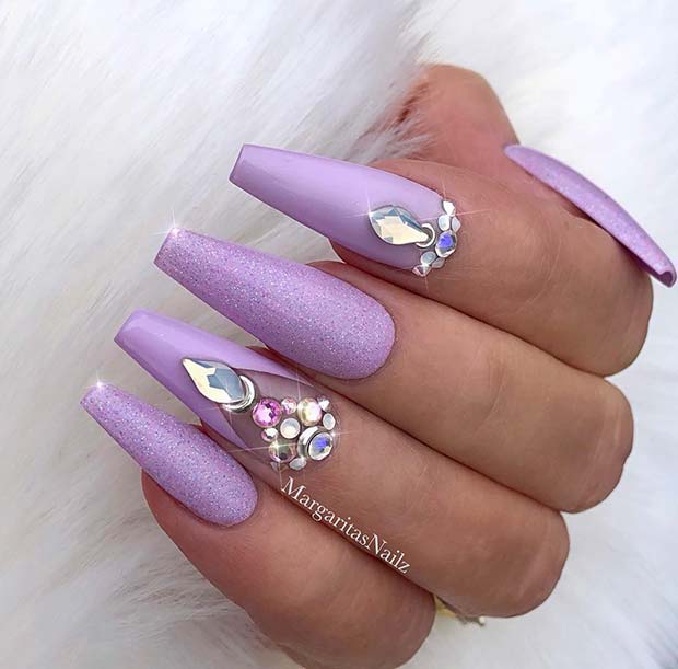 Pastel Purple Nails with Rhinestones