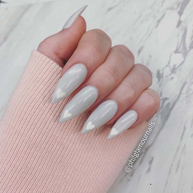 Grey Nails with Cute White Hearts
