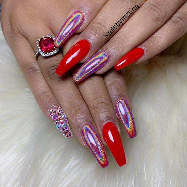 Holographic Pink and Red Nails