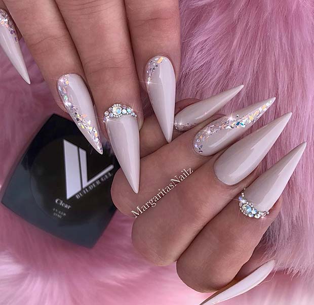 Light Nude and Sparkly Stiletto Nails