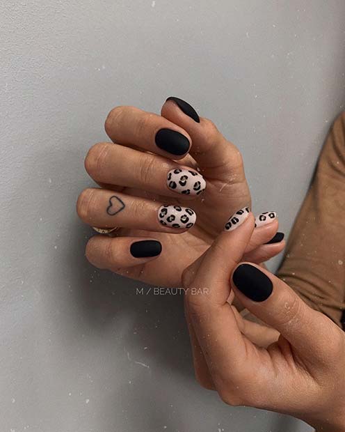 Matte Black and Leopard Nails