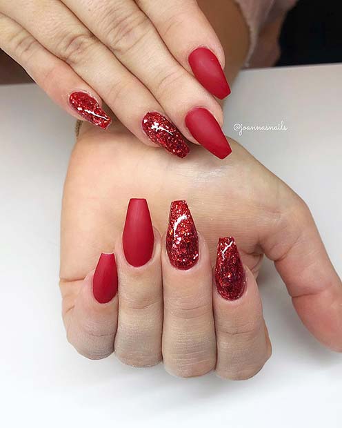 Matte Red with Glitter Accent Nails