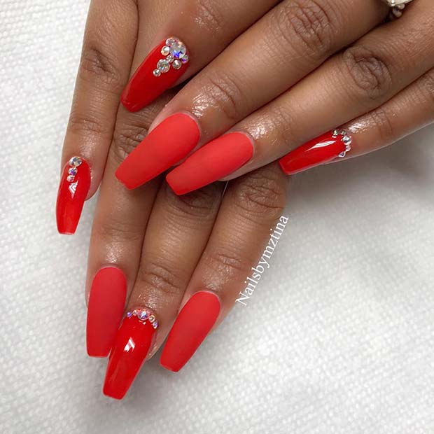 Matte and Glossy Red Nails with Crystals