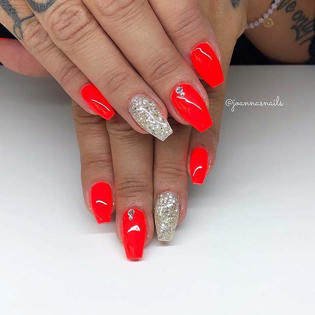 Neon Red and Glitter Nails