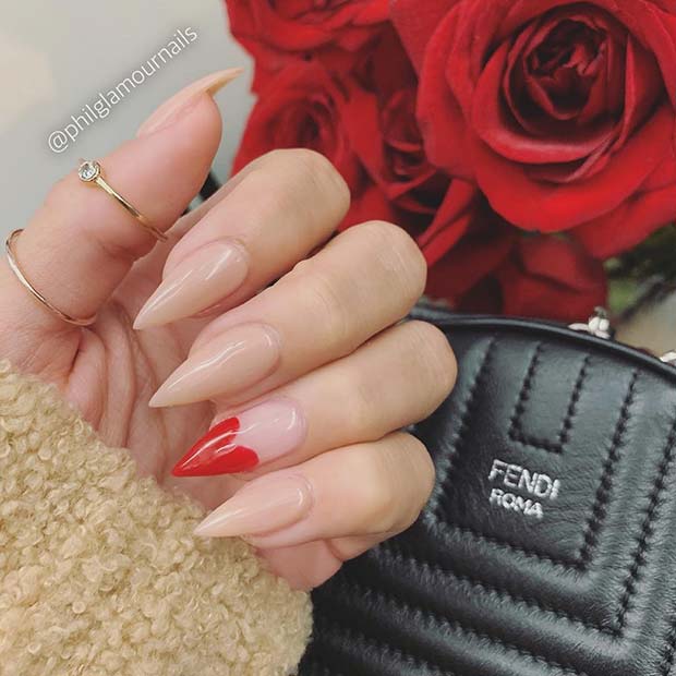 Nude Nails with Cute Red Heart Accent Art