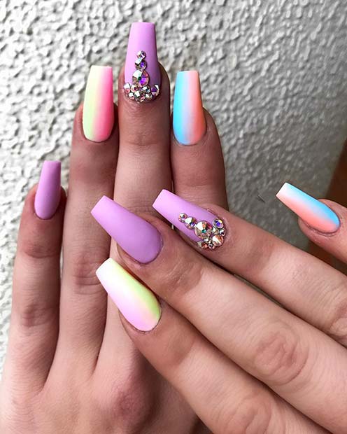 Pastel Rainbow Nails with Rhinestones