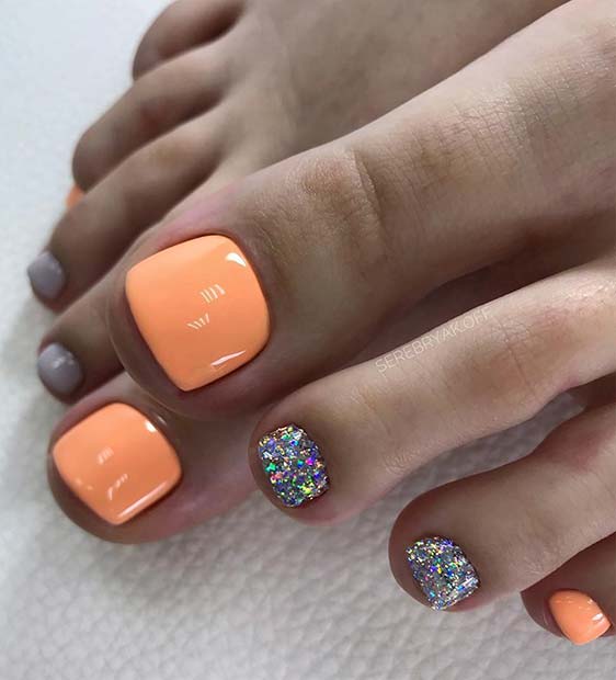 Pastel Orange and Glitter Toe Nail Design