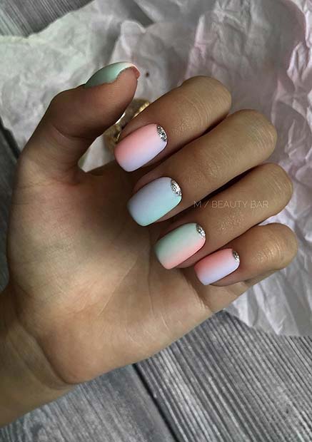 Pastel Gradient Nails with Silver Glitter