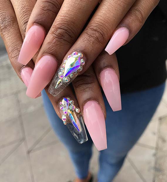 Pink Nails with Glass Accent Nail