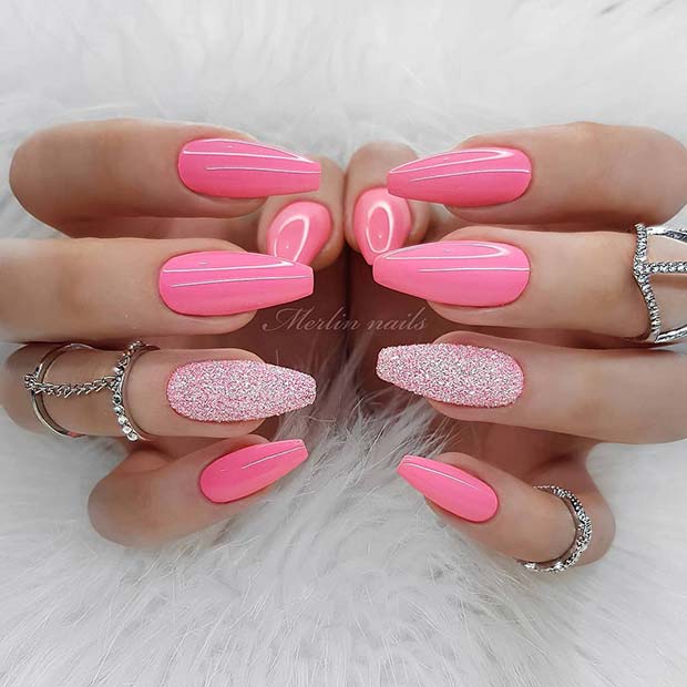 Pink Coffin Nails with Sparkly Accent Nail