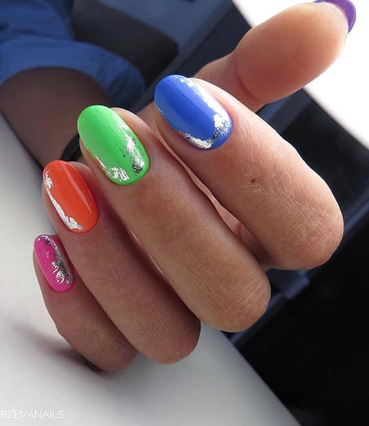 Rainbow Nails with a Trendy Silver Design