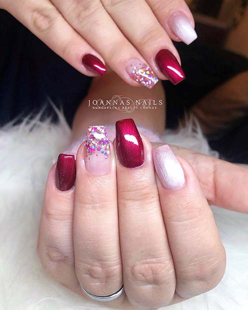 Short Red Acrylic Nails with Glitter