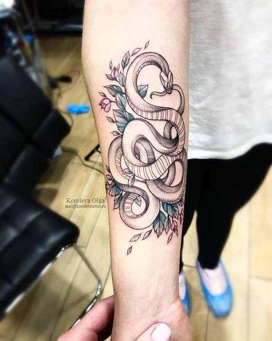Snake and Pretty Flowers Tattoo Design