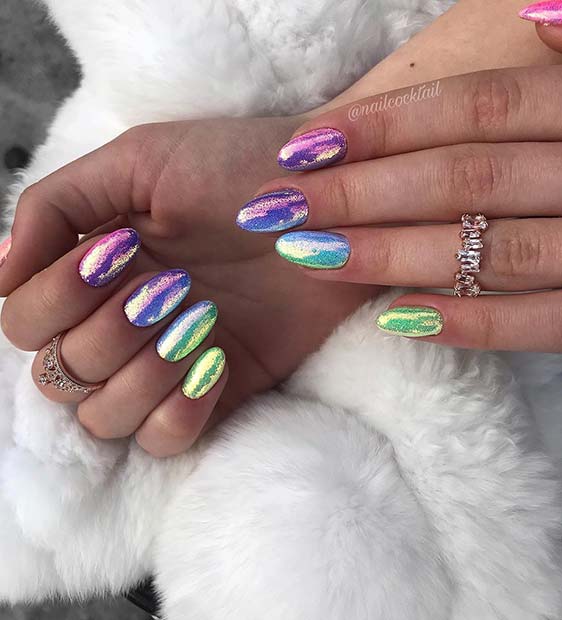 Sparkly Chrome Rainbow Nails