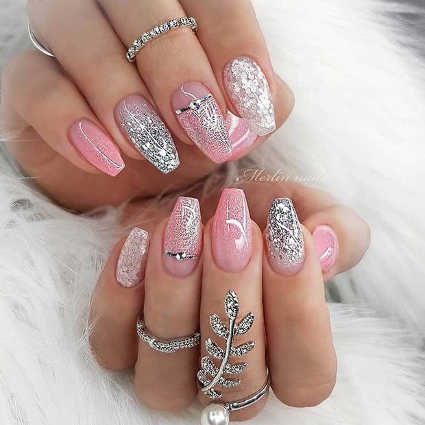 Sparkly Pink and Silver Nail Design