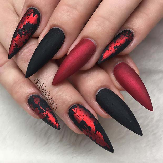 Stylish Matte Black and Red Stiletto Nails