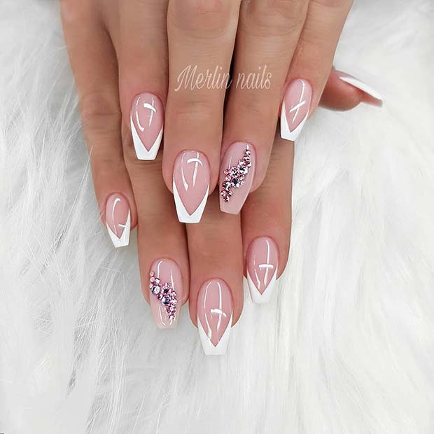 Elegant Nails with White Tips and Crystals