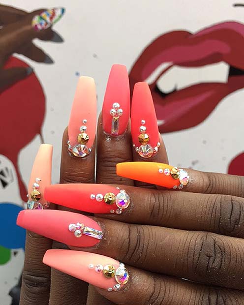 Summery Pink and Orange Coffin Nails
