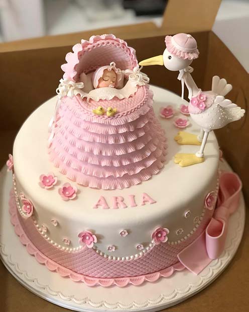 Super Cute Baby Shower Cake with a Baby and Stork