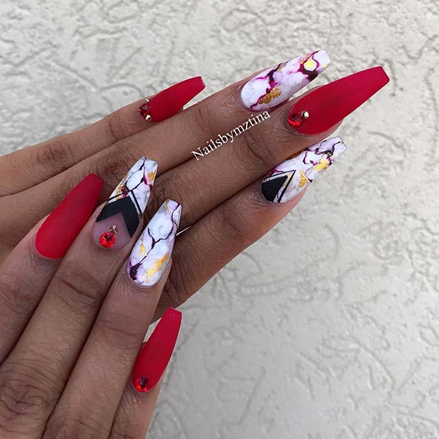 Marble and Red Acrylic Nails