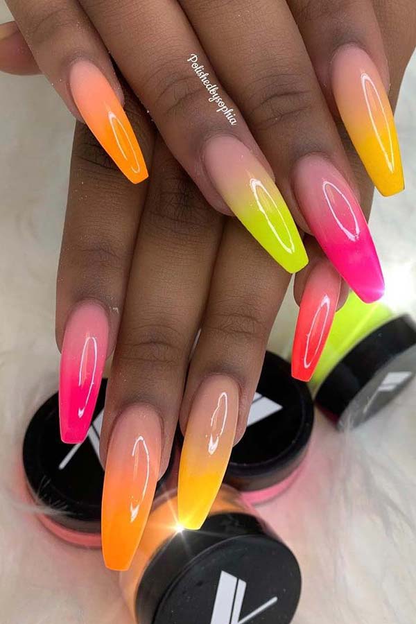 Neon Ombre Coffin Nails