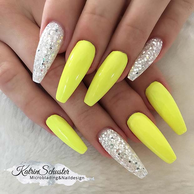 Neon Yellow and Glitter Coffin Nails
