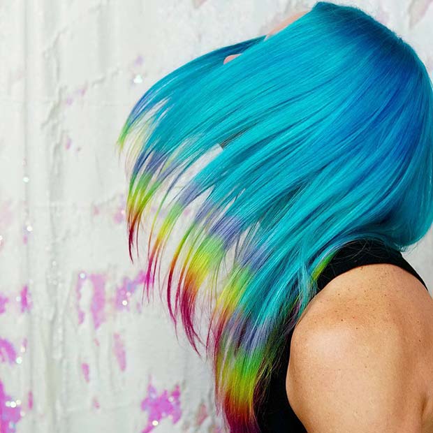 Blue Hair with Rainbow Tips