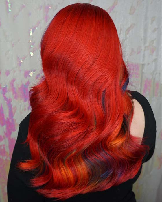 Bright Red Hair with Rainbow Underlights
