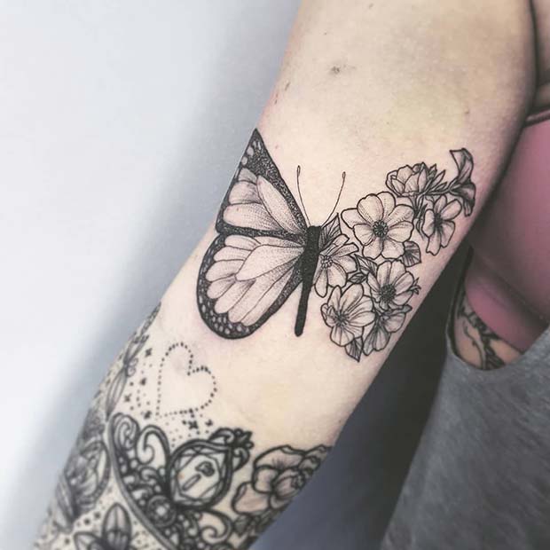 Butterfly Tattoo with a Floral Wing