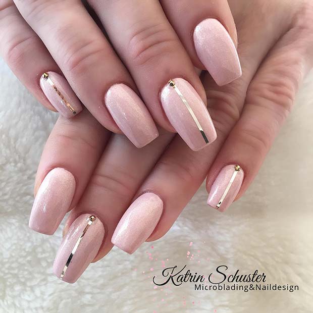Nude Nails with Gold Stripe Design