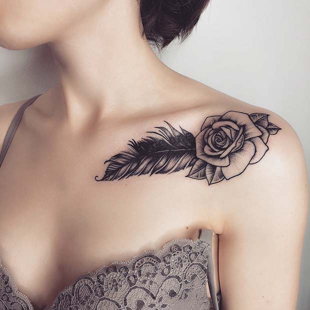 Feather and Rose Tattoo Design 