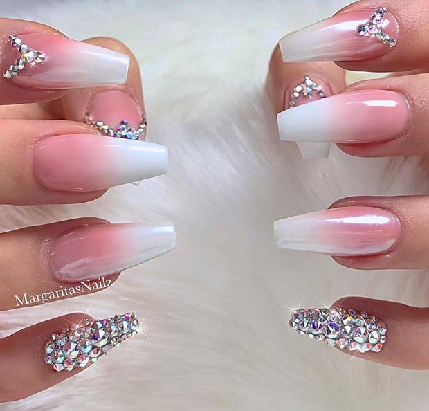French Ombre Nails with Crystals