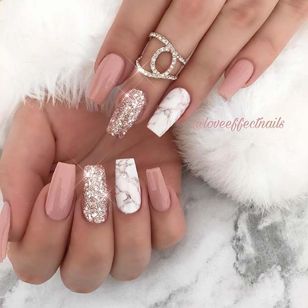 Glam Nude and Marble Nail Idea