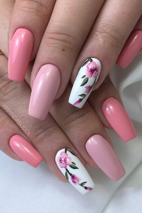 Light Pink Nails with Flowers