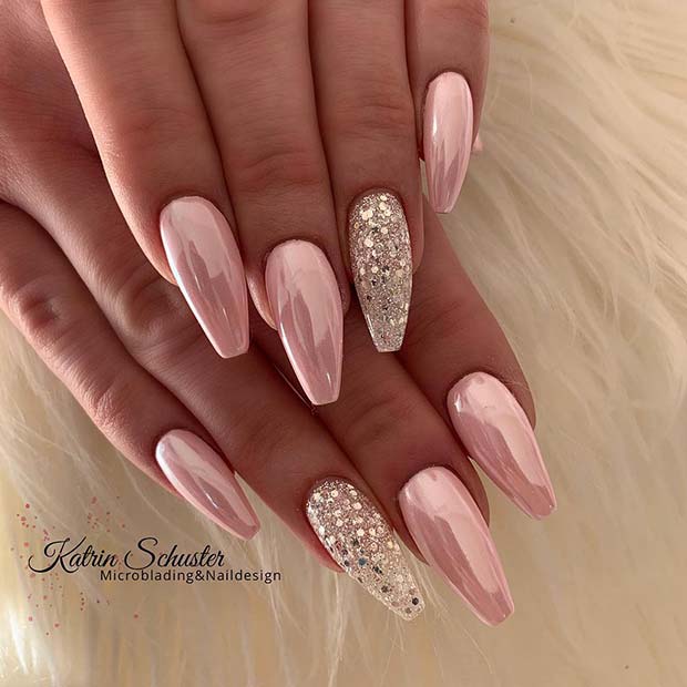 Pink Chrome and Silver Glitter Nails